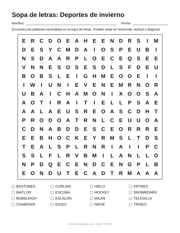 Hoja para imprimir de la sopa de letras de deportes de invierno: cuadrícula de 16 × 16 letras con 16 palabras escondidas, renglones para nombre y fecha y la lista de palabras para tachar.
