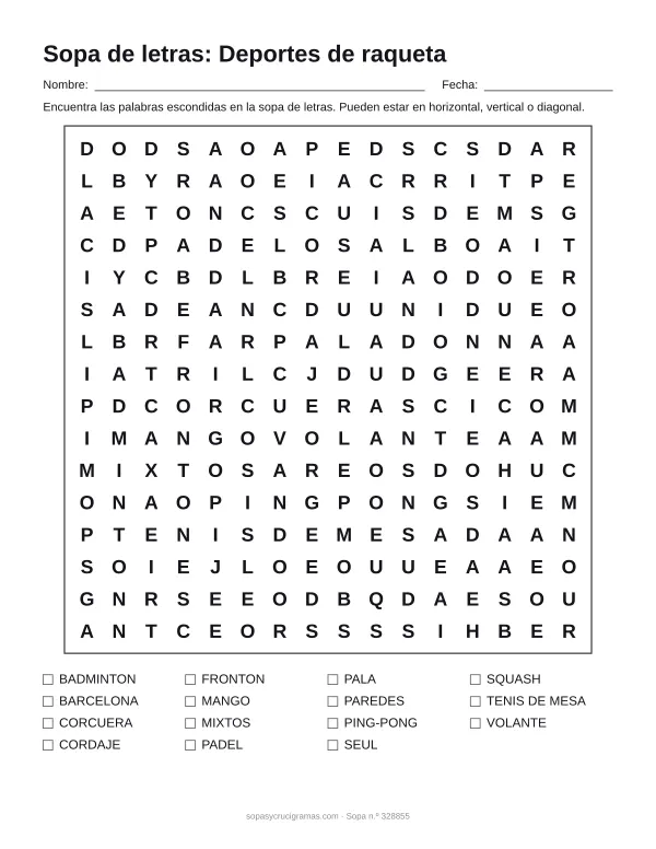 Hoja para imprimir de la sopa de letras de deportes de raqueta: cuadrícula de 16 × 16 letras con 15 palabras escondidas, renglones para nombre y fecha y la lista de palabras para tachar.