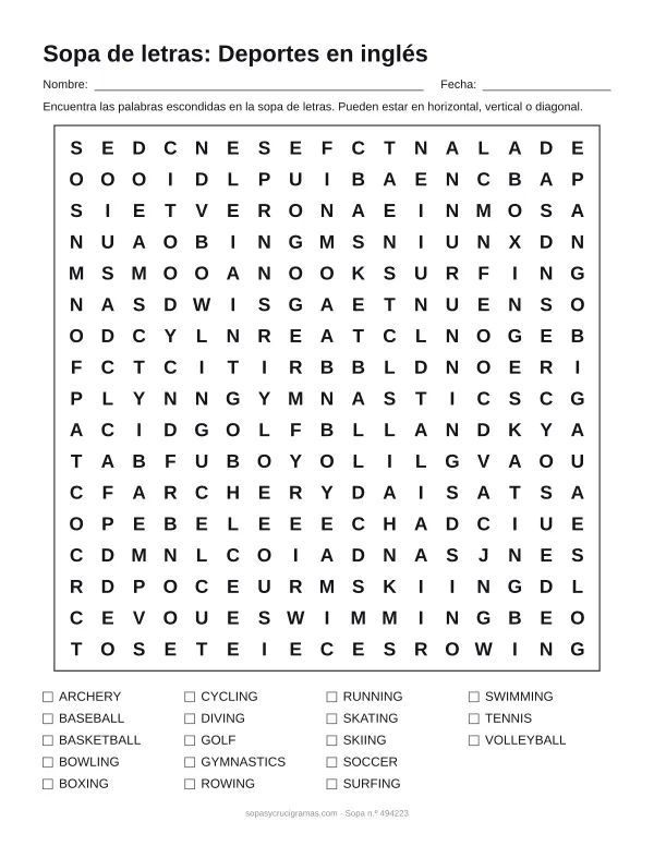 Hoja para imprimir de la sopa de letras de deportes en inglés: cuadrícula de 17 × 17 letras con 18 palabras escondidas, renglones para nombre y fecha y la lista de palabras para tachar.