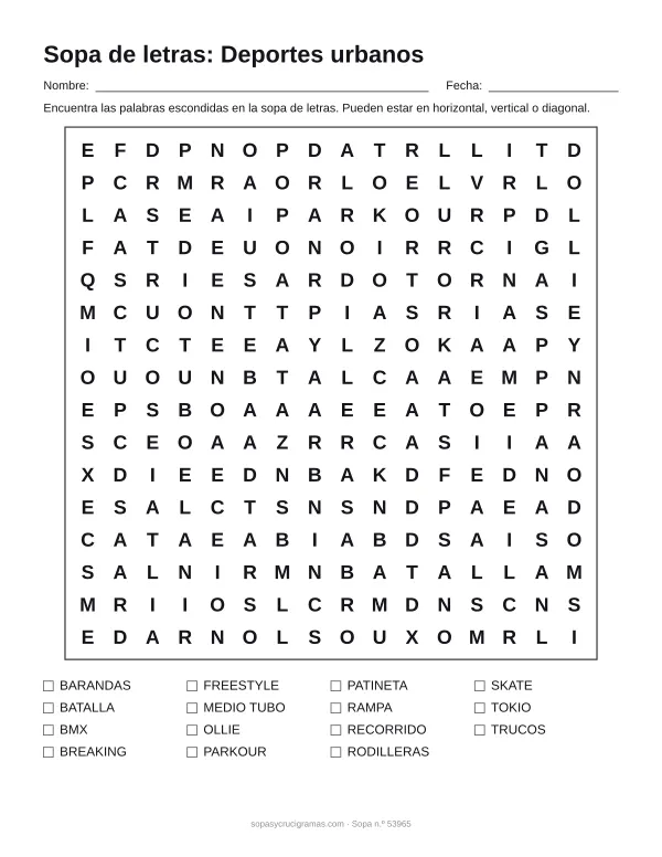 Hoja para imprimir de la sopa de letras de deportes urbanos: cuadrícula de 16 × 16 letras con 15 palabras escondidas, renglones para nombre y fecha y la lista de palabras para tachar.