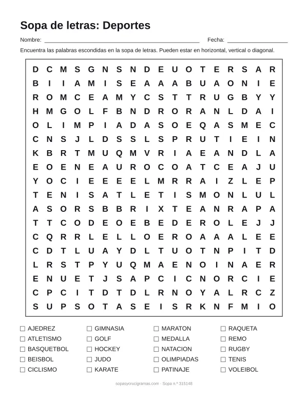 Hoja para imprimir de la sopa de letras de deportes: cuadrícula de 18 × 18 letras con 20 palabras escondidas, renglones para nombre y fecha y la lista de palabras para tachar.