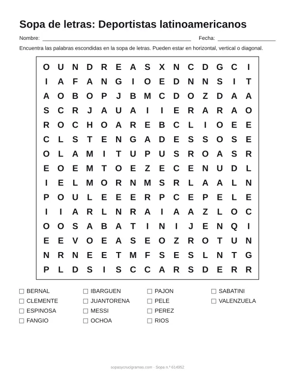 Hoja para imprimir de la sopa de letras de deportistas latinoamericanos: cuadrícula de 15 × 15 letras con 14 palabras escondidas, renglones para nombre y fecha y la lista de palabras para tachar.