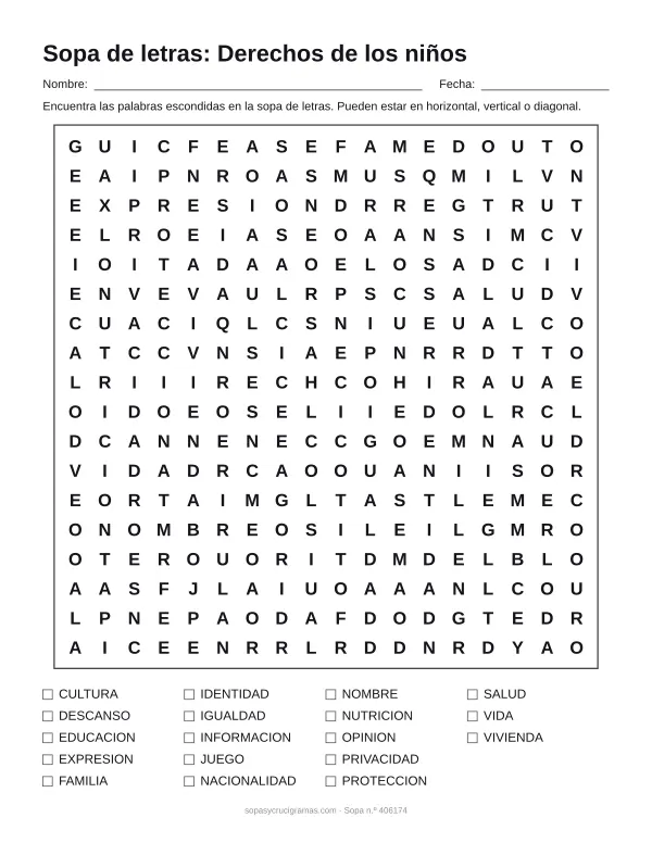 Hoja para imprimir de la sopa de letras de los derechos de los niños: cuadrícula de 18 × 18 letras con 18 palabras escondidas, renglones para nombre y fecha y la lista de palabras para tachar.