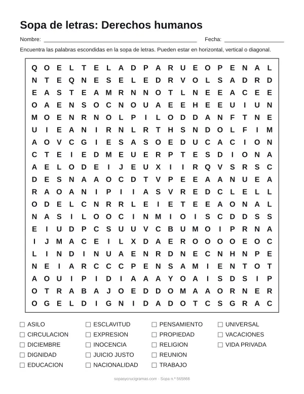 Hoja para imprimir de la sopa de letras de los derechos humanos: cuadrícula de 20 × 20 letras con 18 palabras escondidas, renglones para nombre y fecha y la lista de palabras para tachar.