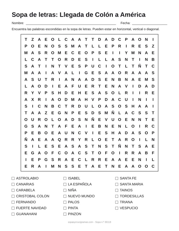 Hoja para imprimir de la sopa de letras de la llegada de Colón a América: cuadrícula de 20 × 20 letras con 20 palabras escondidas, renglones para nombre y fecha y la lista de palabras para tachar.