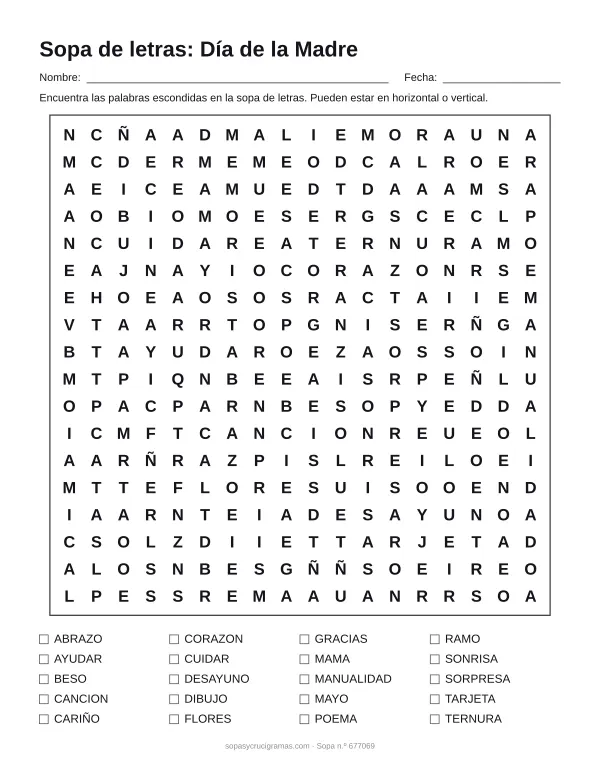 Hoja para imprimir de la sopa de letras del Día de la Madre: cuadrícula de 18 × 18 letras con 20 palabras escondidas, renglones para nombre y fecha y la lista de palabras para tachar.