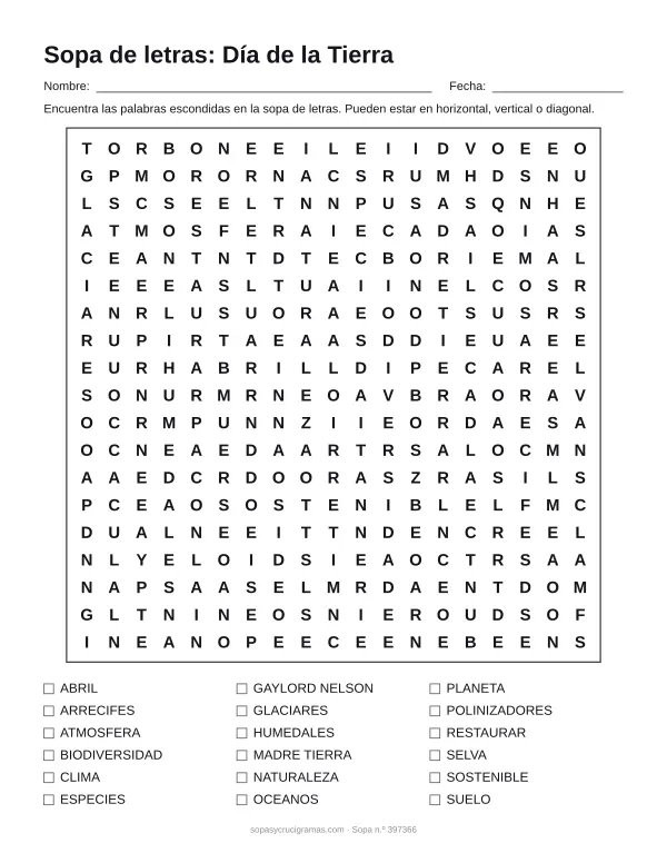 Hoja para imprimir de la sopa de letras del Día de la Tierra: cuadrícula de 19 × 19 letras con 18 palabras escondidas, renglones para nombre y fecha y la lista de palabras para tachar.