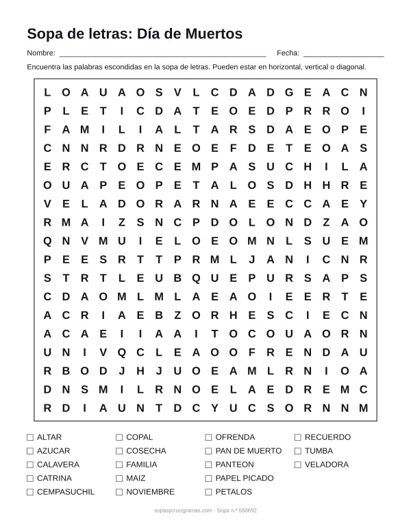Hoja para imprimir de la sopa de letras del Día de Muertos: cuadrícula de 18 × 18 letras con 18 palabras escondidas, renglones para nombre y fecha y la lista de palabras para tachar.