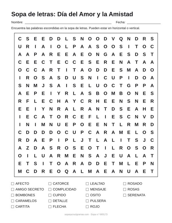 Hoja para imprimir de la sopa de letras del Día del Amor y la Amistad: cuadrícula de 18 × 18 letras con 18 palabras escondidas, renglones para nombre y fecha y la lista de palabras para tachar.