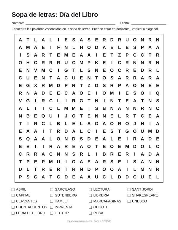 Hoja para imprimir de la sopa de letras del Día del Libro: cuadrícula de 19 × 19 letras con 18 palabras escondidas, renglones para nombre y fecha y la lista de palabras para tachar.