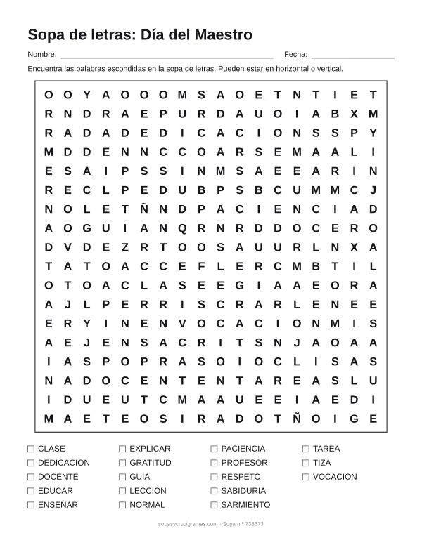 Hoja para imprimir de la sopa de letras del Día del Maestro: cuadrícula de 18 × 18 letras con 18 palabras escondidas, renglones para nombre y fecha y la lista de palabras para tachar.