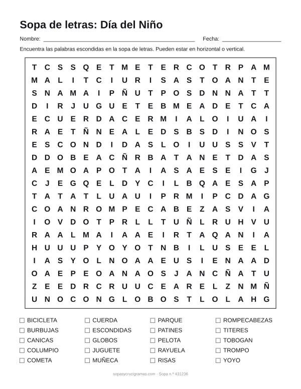 Hoja para imprimir de la sopa de letras del Día del Niño: cuadrícula de 19 × 19 letras con 20 palabras escondidas, renglones para nombre y fecha y la lista de palabras para tachar.