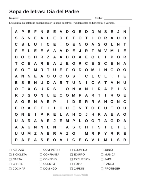 Hoja para imprimir de la sopa de letras del Día del Padre: cuadrícula de 18 × 18 letras con 20 palabras escondidas, renglones para nombre y fecha y la lista de palabras para tachar.