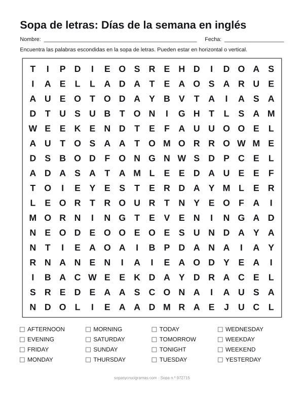 Hoja para imprimir de la sopa de letras de los días en inglés: cuadrícula de 17 × 17 letras con 16 palabras escondidas, renglones para nombre y fecha y la lista de palabras para tachar.