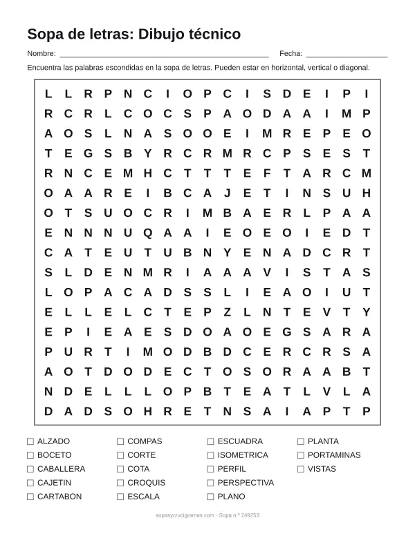 Hoja para imprimir de la sopa de letras de dibujo técnico: cuadrícula de 17 × 17 letras con 18 palabras escondidas, renglones para nombre y fecha y la lista de palabras para tachar.