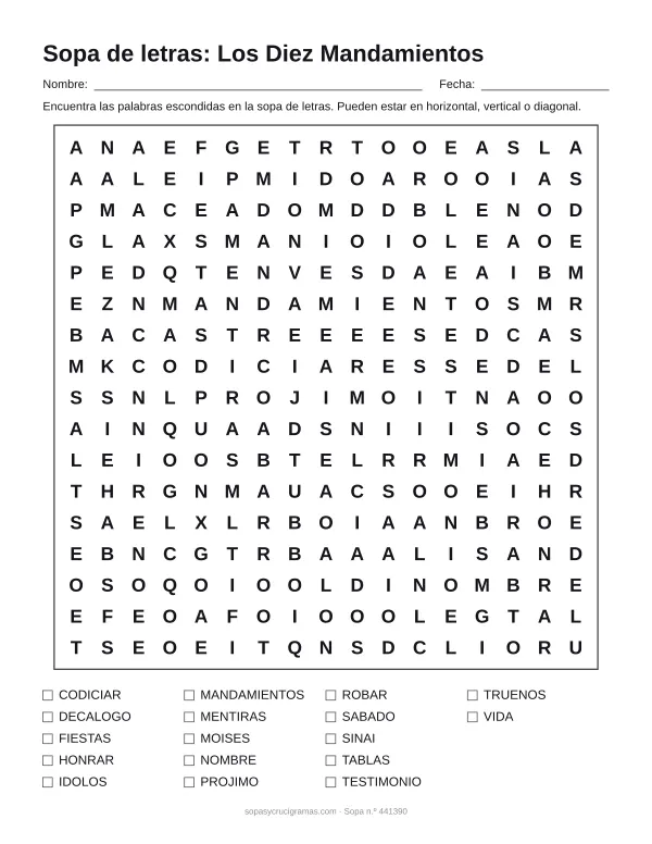 Hoja para imprimir de la sopa de letras de los Diez Mandamientos: cuadrícula de 17 × 17 letras con 17 palabras escondidas, renglones para nombre y fecha y la lista de palabras para tachar.