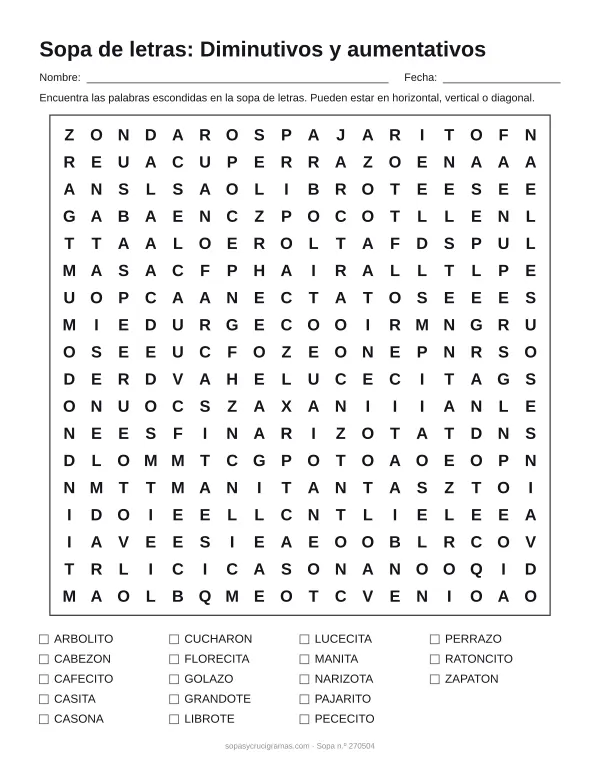 Hoja para imprimir de la sopa de letras de diminutivos y aumentativos: cuadrícula de 18 × 18 letras con 18 palabras escondidas, renglones para nombre y fecha y la lista de palabras para tachar.