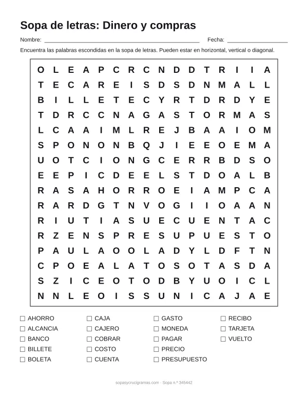 Hoja para imprimir de la sopa de letras del dinero y las compras: cuadrícula de 16 × 16 letras con 18 palabras escondidas, renglones para nombre y fecha y la lista de palabras para tachar.