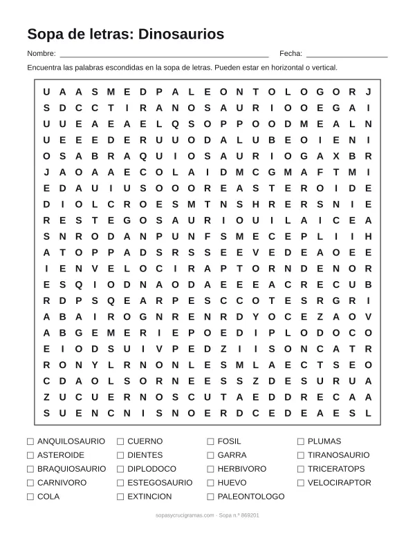 Hoja para imprimir de la sopa de letras de dinosaurios: cuadrícula de 21 × 21 letras con 19 palabras escondidas, renglones para nombre y fecha y la lista de palabras para tachar.