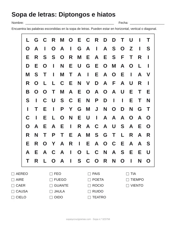Hoja para imprimir de la sopa de letras de diptongos e hiatos: cuadrícula de 15 × 15 letras con 18 palabras escondidas, renglones para nombre y fecha y la lista de palabras para tachar.