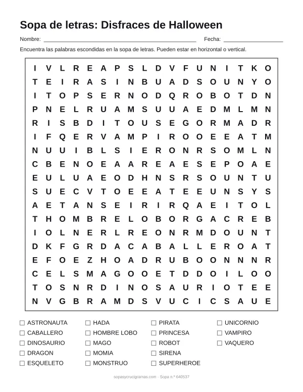 Hoja para imprimir de la sopa de letras de disfraces de Halloween: cuadrícula de 18 × 18 letras con 18 palabras escondidas, renglones para nombre y fecha y la lista de palabras para tachar.