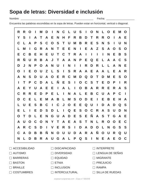 Hoja para imprimir de la sopa de letras de diversidad e inclusión: cuadrícula de 20 × 20 letras con 18 palabras escondidas, renglones para nombre y fecha y la lista de palabras para tachar.