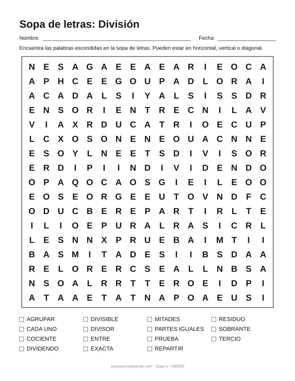 Hoja para imprimir de la sopa de letras de la división: cuadrícula de 17 × 17 letras con 15 palabras escondidas, renglones para nombre y fecha y la lista de palabras para tachar.