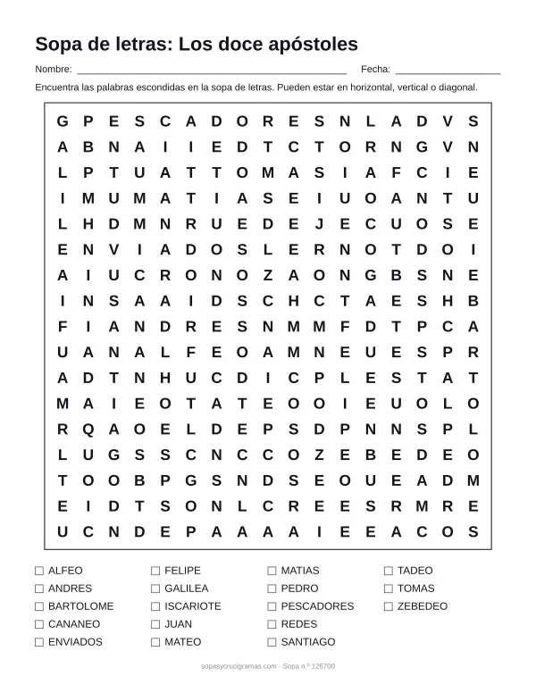 Hoja para imprimir de la sopa de letras de los doce apóstoles: cuadrícula de 17 × 17 letras con 18 palabras escondidas, renglones para nombre y fecha y la lista de palabras para tachar.