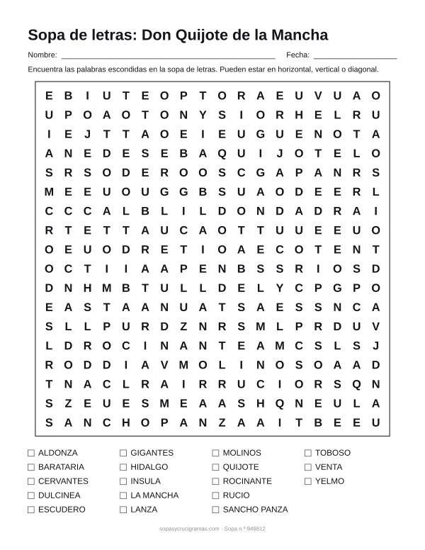 Hoja para imprimir de la sopa de letras de Don Quijote: cuadrícula de 18 × 18 letras con 18 palabras escondidas, renglones para nombre y fecha y la lista de palabras para tachar.
