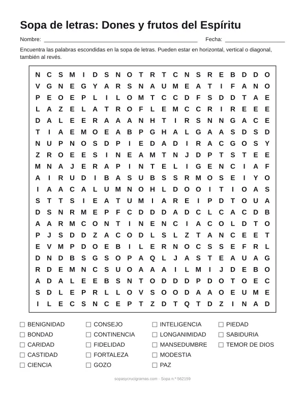 Hoja para imprimir de la sopa de letras de los dones y frutos del Espíritu: cuadrícula de 21 × 21 letras con 18 palabras escondidas, renglones para nombre y fecha y la lista de palabras para tachar.