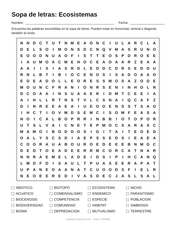 Hoja para imprimir de la sopa de letras de los ecosistemas: cuadrícula de 22 × 22 letras con 20 palabras escondidas, renglones para nombre y fecha y la lista de palabras para tachar.