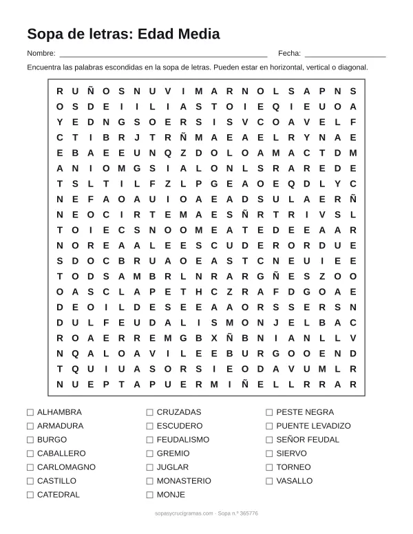 Hoja para imprimir de la sopa de letras de la Edad Media: cuadrícula de 20 × 20 letras con 20 palabras escondidas, renglones para nombre y fecha y la lista de palabras para tachar.