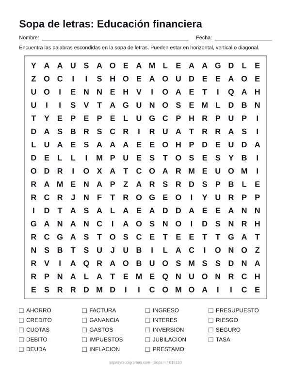 Hoja para imprimir de la sopa de letras de educación financiera: cuadrícula de 18 × 18 letras con 19 palabras escondidas, renglones para nombre y fecha y la lista de palabras para tachar.