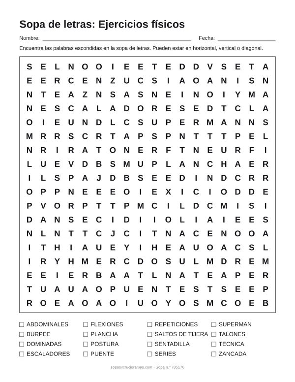 Hoja para imprimir de la sopa de letras de ejercicios físicos: cuadrícula de 18 × 18 letras con 16 palabras escondidas, renglones para nombre y fecha y la lista de palabras para tachar.