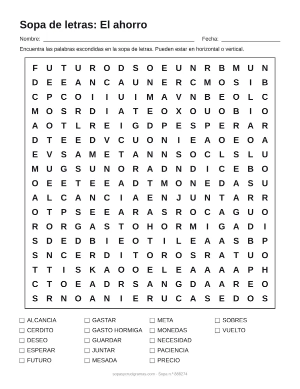Hoja para imprimir de la sopa de letras del ahorro: cuadrícula de 17 × 17 letras con 17 palabras escondidas, renglones para nombre y fecha y la lista de palabras para tachar.