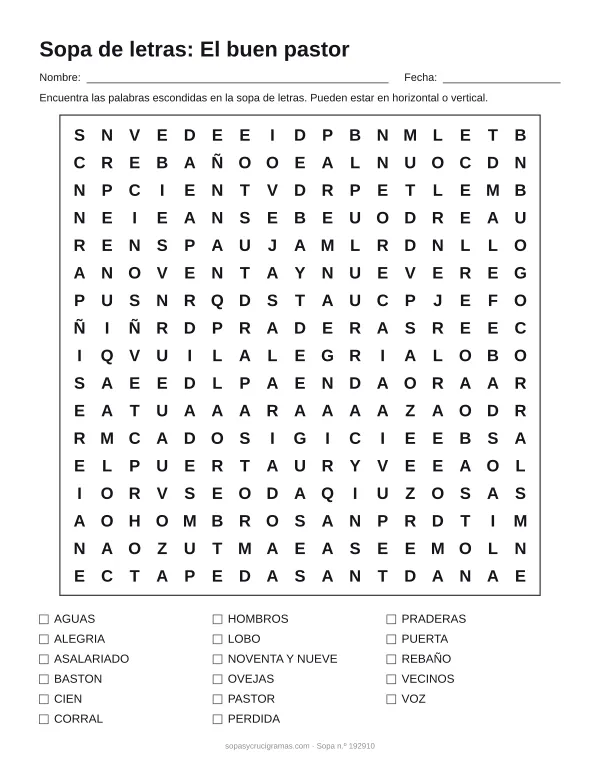 Hoja para imprimir de la sopa de letras del buen pastor: cuadrícula de 17 × 17 letras con 17 palabras escondidas, renglones para nombre y fecha y la lista de palabras para tachar.