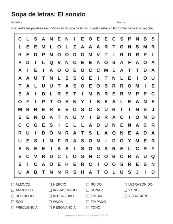 Hoja para imprimir de la sopa de letras del sonido: cuadrícula de 18 × 18 letras con 18 palabras escondidas, renglones para nombre y fecha y la lista de palabras para tachar.