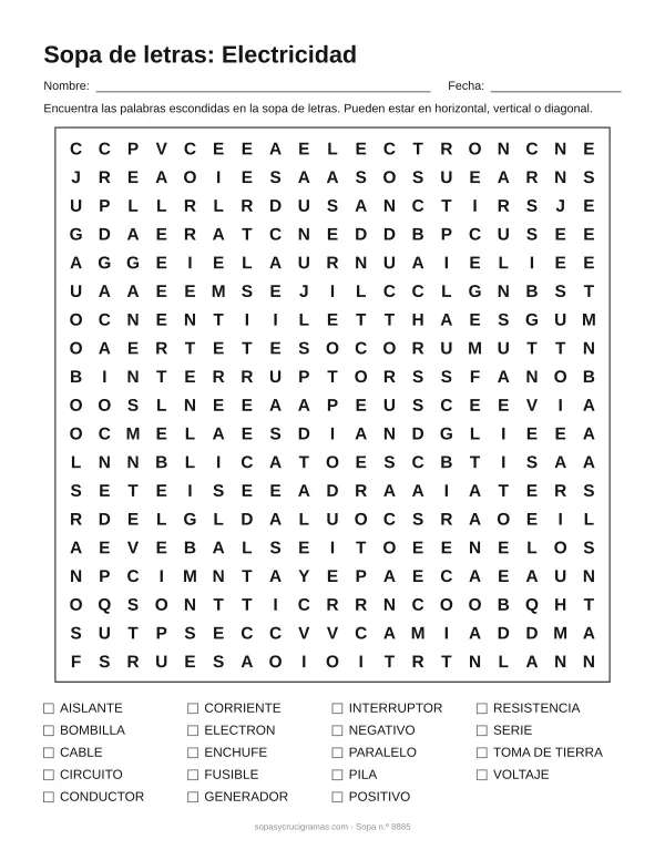 Hoja para imprimir de la sopa de letras de electricidad: cuadrícula de 19 × 19 letras con 19 palabras escondidas, renglones para nombre y fecha y la lista de palabras para tachar.