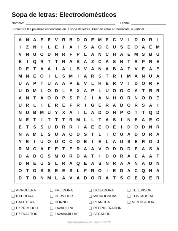 Hoja para imprimir de la sopa de letras de electrodomésticos: cuadrícula de 20 × 20 letras con 18 palabras escondidas, renglones para nombre y fecha y la lista de palabras para tachar.