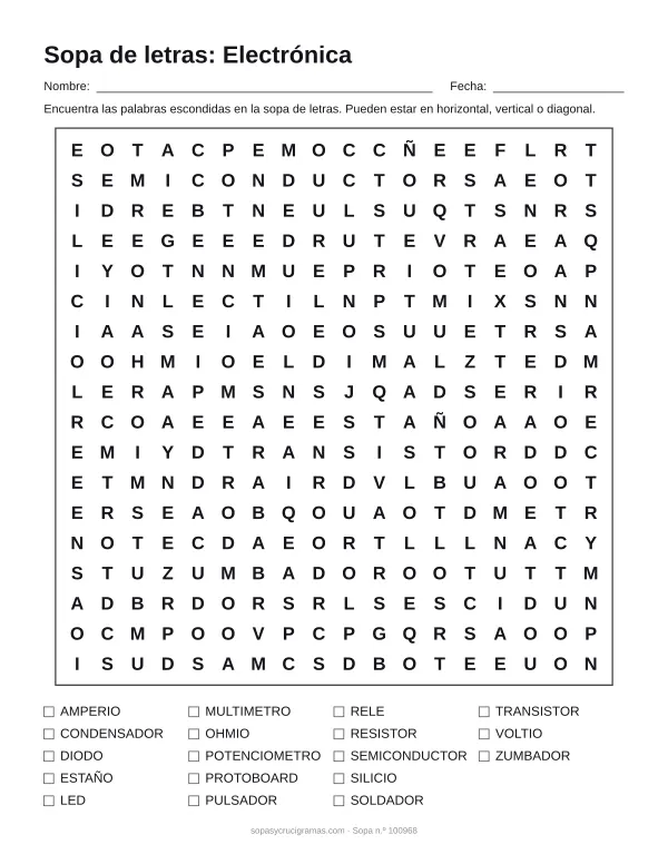 Hoja para imprimir de la sopa de letras de electrónica: cuadrícula de 18 × 18 letras con 18 palabras escondidas, renglones para nombre y fecha y la lista de palabras para tachar.