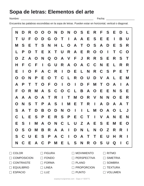 Hoja para imprimir de la sopa de letras de los elementos del arte: cuadrícula de 18 × 18 letras con 20 palabras escondidas, renglones para nombre y fecha y la lista de palabras para tachar.