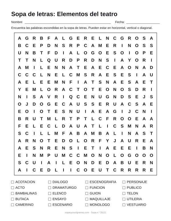 Hoja para imprimir de la sopa de letras del teatro: cuadrícula de 19 × 19 letras con 20 palabras escondidas, renglones para nombre y fecha y la lista de palabras para tachar.