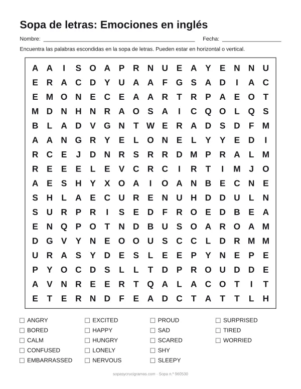 Hoja para imprimir de la sopa de letras de emociones en inglés: cuadrícula de 17 × 17 letras con 18 palabras escondidas, renglones para nombre y fecha y la lista de palabras para tachar.