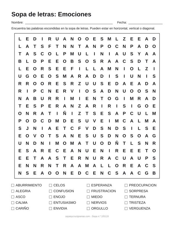 Hoja para imprimir de la sopa de letras de las emociones: cuadrícula de 19 × 19 letras con 20 palabras escondidas, renglones para nombre y fecha y la lista de palabras para tachar.