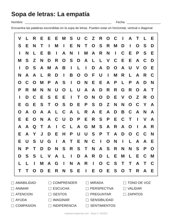 Hoja para imprimir de la sopa de letras de la empatía: cuadrícula de 19 × 19 letras con 18 palabras escondidas, renglones para nombre y fecha y la lista de palabras para tachar.