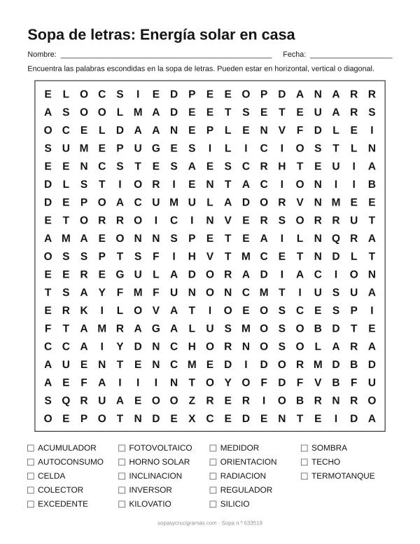 Hoja para imprimir de la sopa de letras de energía solar en casa: cuadrícula de 19 × 19 letras con 18 palabras escondidas, renglones para nombre y fecha y la lista de palabras para tachar.