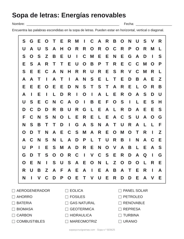 Hoja para imprimir de la sopa de letras de las energías renovables: cuadrícula de 19 × 19 letras con 18 palabras escondidas, renglones para nombre y fecha y la lista de palabras para tachar.