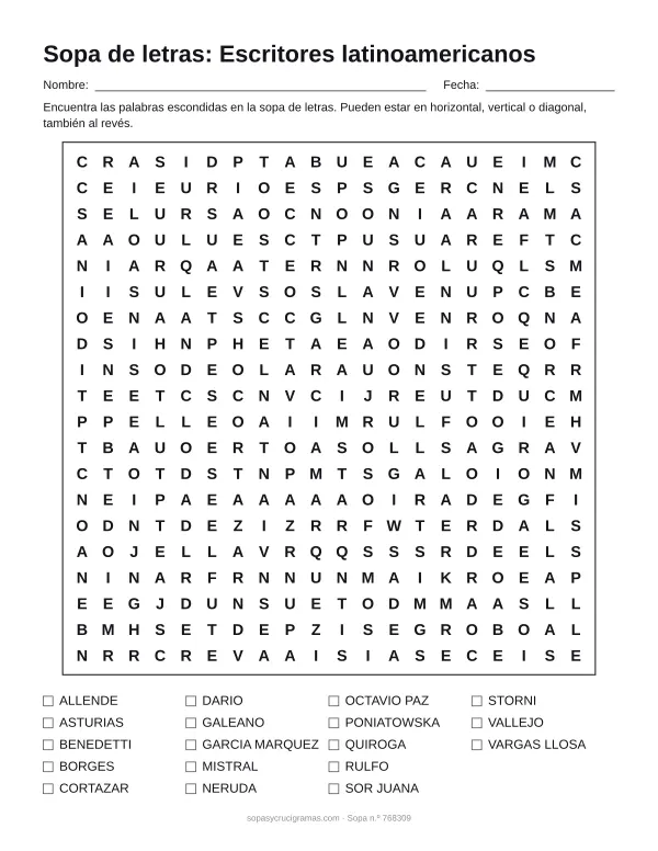 Hoja para imprimir de la sopa de letras de escritores latinoamericanos: cuadrícula de 20 × 20 letras con 18 palabras escondidas, renglones para nombre y fecha y la lista de palabras para tachar.
