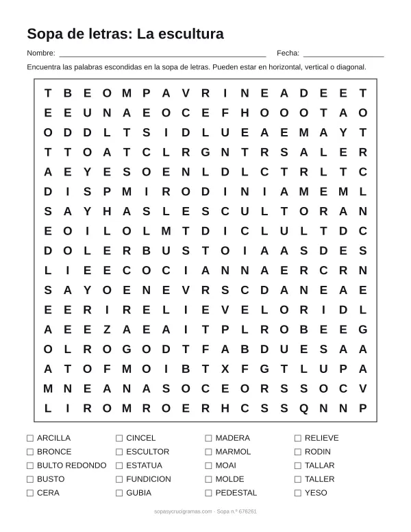 Hoja para imprimir de la sopa de letras de la escultura: cuadrícula de 17 × 17 letras con 20 palabras escondidas, renglones para nombre y fecha y la lista de palabras para tachar.