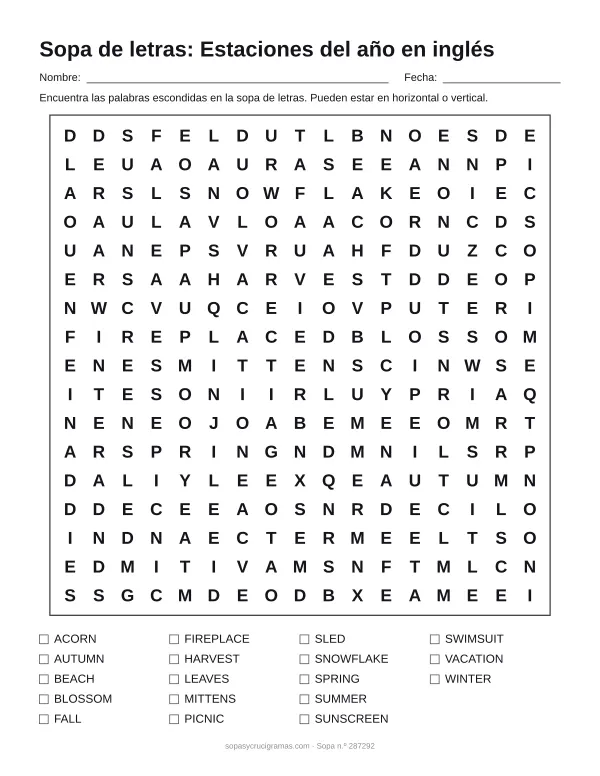 Hoja para imprimir de la sopa de letras de las estaciones en inglés: cuadrícula de 17 × 17 letras con 18 palabras escondidas, renglones para nombre y fecha y la lista de palabras para tachar.